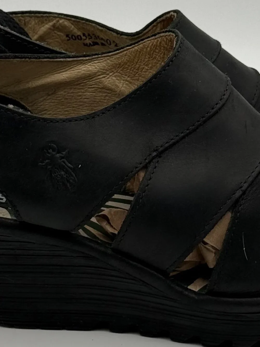 Fly London Yown Black Leather Lace Up Wedge Sandals Size 38